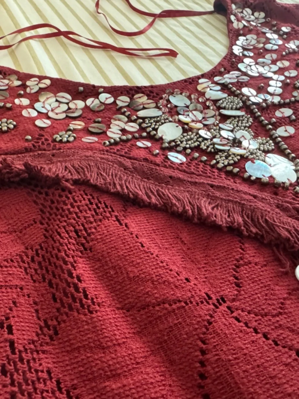 Free People Burgundy Embellished Bell Sleeve Crochet Mini Dress Size 6